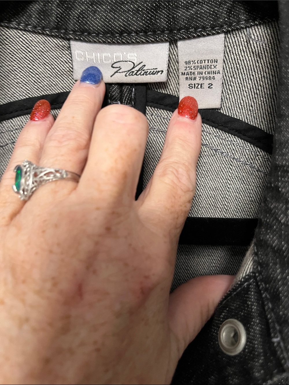 Chico's Washed Charcoal Denim Jacket with Eyelet Collar - Picture 2 of 5